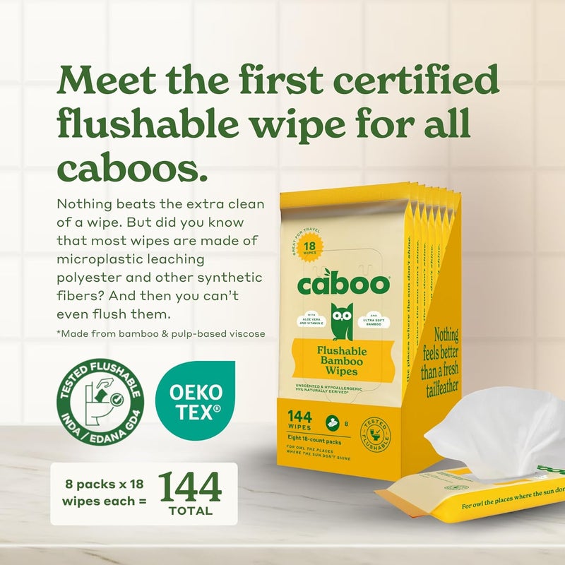 CABOO Tree Free Flushable Wipes, Travel Wipe, Certified Flushable, Septic Safe, Biodegradable Wipe for Adults, Pack of 8, Total of 144 Travel Toilet Wipes - Image 2